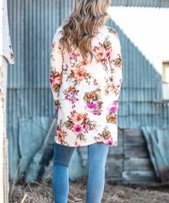 New Moa Collection Tops Ivory And Pink Floral Print Cardigan