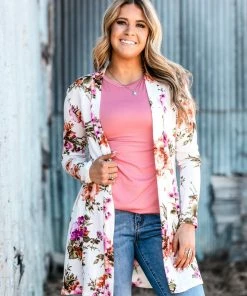 New Moa Collection Tops Ivory And Pink Floral Print Cardigan
