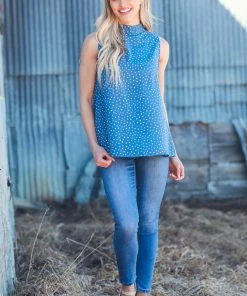 EC Collection TANK TOPS Blue Mock Neck Sleeveless Top With Spots