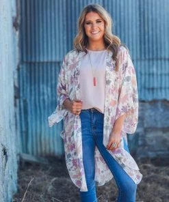 ADORA SHORT SLEEVES Cream Multicolor Floral Bell Sleeve Kimono