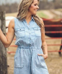 Doe & Rae Light Wash Bleached Drawstring Waist Romper