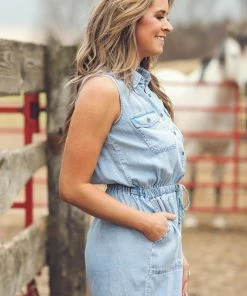 Doe & Rae Light Wash Bleached Drawstring Waist Romper