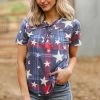 BlueLemon Navy Blue And Red Star Print Lace Up Top Tops
