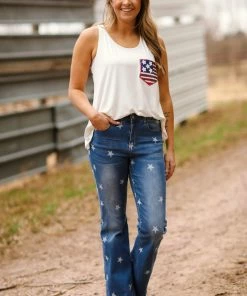 Umgee Bottoms Medium Wash Star Print Flare Jeans