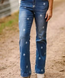 Umgee Bottoms Medium Wash Star Print Flare Jeans