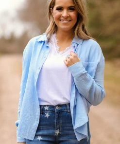 Mittoshop Baby Blue Gauze Textured Button Up Top