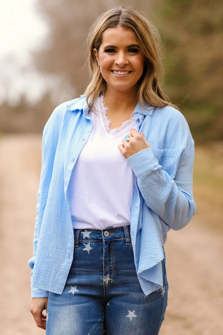 Mittoshop Baby Blue Gauze Textured Button Up Top 3 Mittoshop Baby Blue Gauze Textured Button Up Top