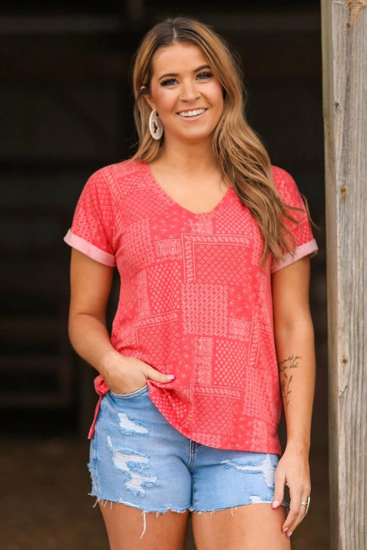 PS KATE Red Paisley Scarf Print Roll Sleeve Top 3 PS KATE Red Paisley Scarf Print Roll Sleeve Top