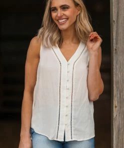 ALLIE ROSE Off White Button Up Tank Tops