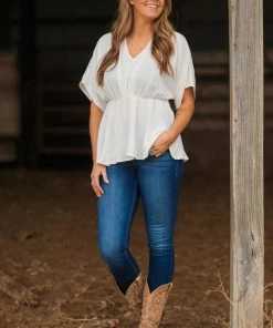 Gilli White Pleated V-Neck Peplum Top Tops