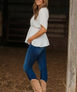 Gilli White Pleated V-Neck Peplum Top Tops