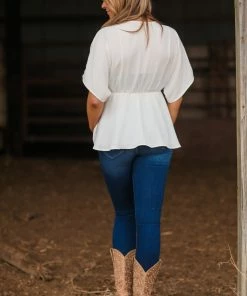 Gilli White Pleated V-Neck Peplum Top Tops