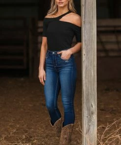 White Birch Black Strappy Off The Shoulder Top SHORT SLEEVES