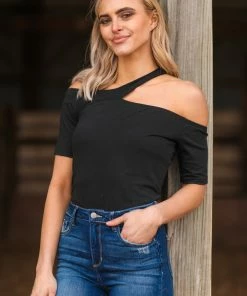 White Birch Black Strappy Off The Shoulder Top SHORT SLEEVES