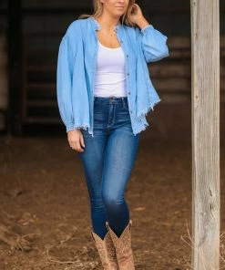 Lime N Chili Light Wash Fray Hem Chambray Button Up Top