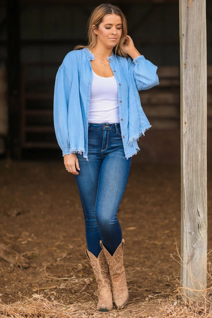 Lime N Chili Light Wash Fray Hem Chambray Button Up Top 3 Lime N Chili Light Wash Fray Hem Chambray Button Up Top