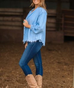 Lime N Chili Light Wash Fray Hem Chambray Button Up Top 8 Lime N Chili Light Wash Fray Hem Chambray Button Up Top