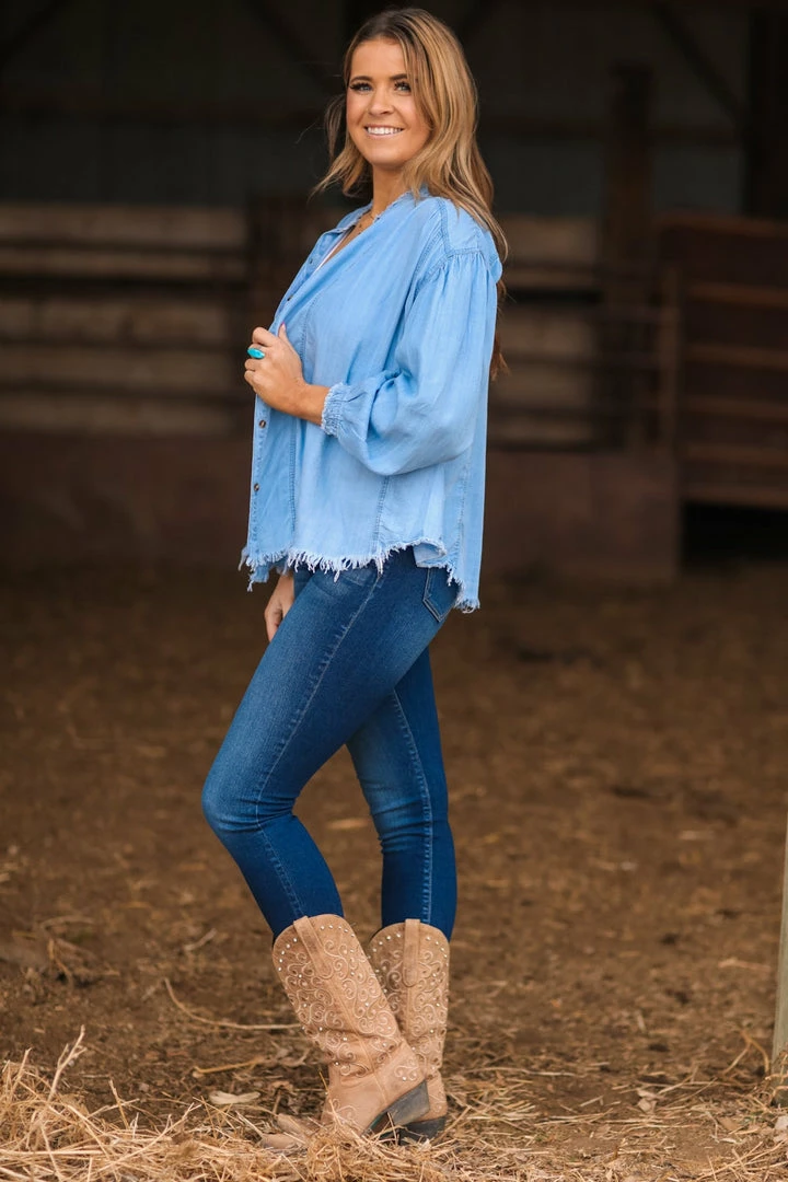 Lime N Chili Light Wash Fray Hem Chambray Button Up Top 5 Lime N Chili Light Wash Fray Hem Chambray Button Up Top