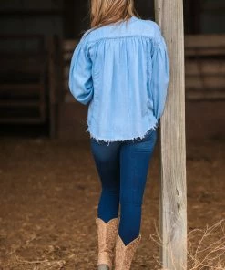 Lime N Chili Light Wash Fray Hem Chambray Button Up Top 9 Lime N Chili Light Wash Fray Hem Chambray Button Up Top