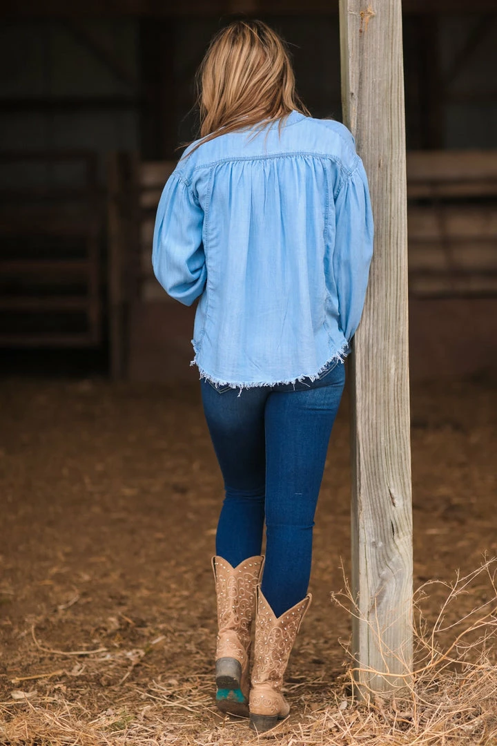 Lime N Chili Light Wash Fray Hem Chambray Button Up Top 6 Lime N Chili Light Wash Fray Hem Chambray Button Up Top