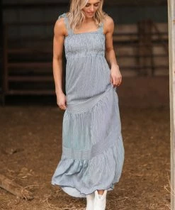 Lovely Melody Navy Blue Pinstripe Smocked Top Dress Dresses