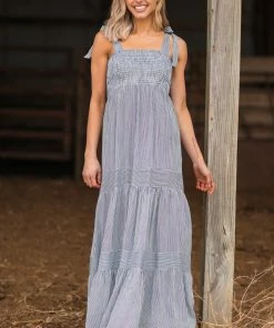 Lovely Melody Navy Blue Pinstripe Smocked Top Dress Dresses