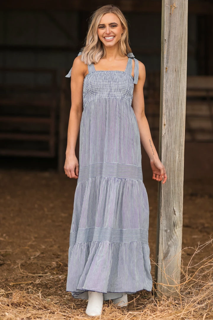 Lovely Melody Navy Blue Pinstripe Smocked Top Dress Dresses 4 Lovely Melody Navy Blue Pinstripe Smocked Top Dress Dresses