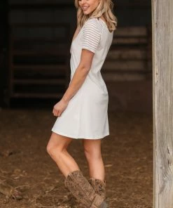 Shewin White Textured Sleeve Shift Dress Dresses