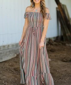 Dress Day Dresses Tan Multicolor Aztec Ruched Front Maxi Dress