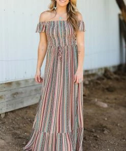 Dress Day Dresses Tan Multicolor Aztec Ruched Front Maxi Dress