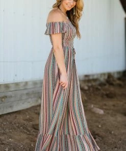 Dress Day Dresses Tan Multicolor Aztec Ruched Front Maxi Dress