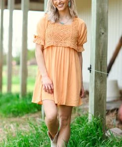 Heyson Dresses Orange Crochet Bodice Puff Sleeve Dress