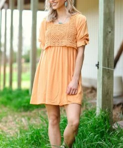 Heyson Dresses Orange Crochet Bodice Puff Sleeve Dress