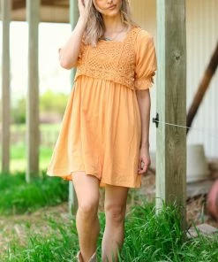 Heyson Dresses Orange Crochet Bodice Puff Sleeve Dress
