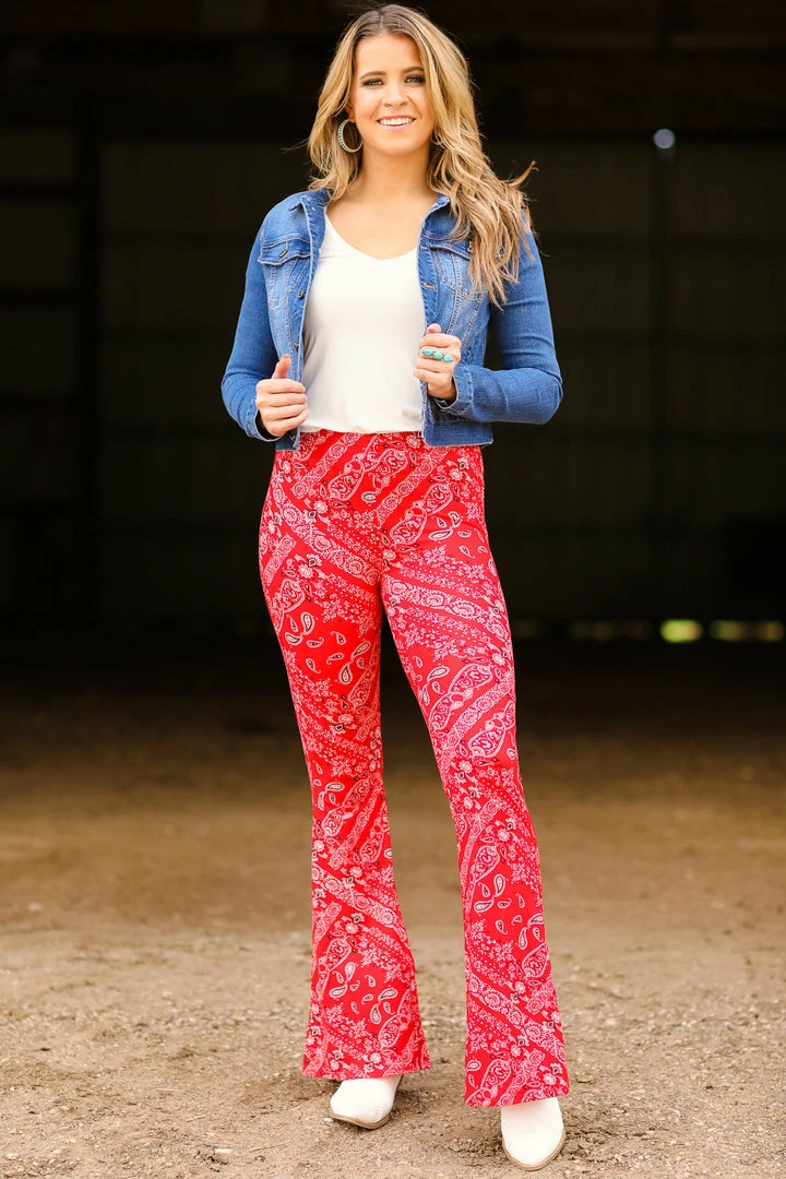 Bear Dance Red Bandana Print Flare Pants Bottoms 4 Bear Dance Red Bandana Print Flare Pants Bottoms