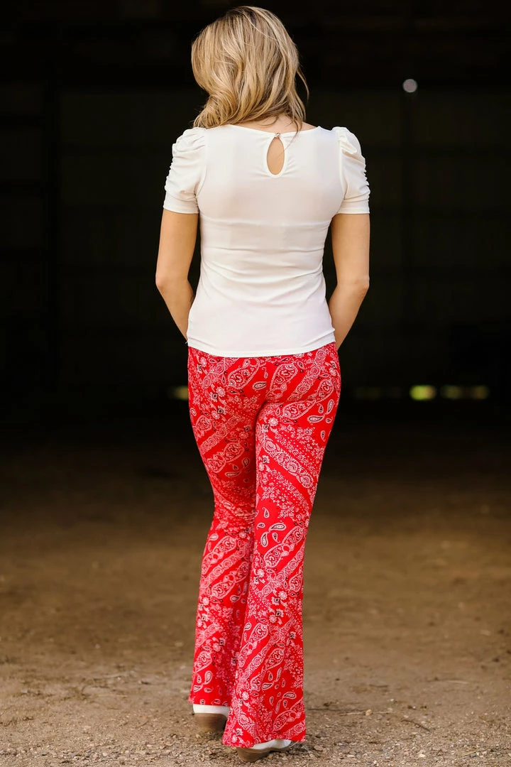 Bear Dance Red Bandana Print Flare Pants Bottoms 7 Bear Dance Red Bandana Print Flare Pants Bottoms