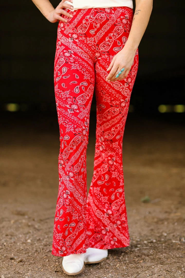 Bear Dance Red Bandana Print Flare Pants Bottoms 5 Bear Dance Red Bandana Print Flare Pants Bottoms
