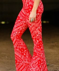 Bear Dance Red Bandana Print Flare Pants Bottoms 10 Bear Dance Red Bandana Print Flare Pants Bottoms