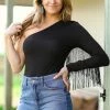 Fashion In The Box Tops Black One Shoulder Bodysuit With Fringe