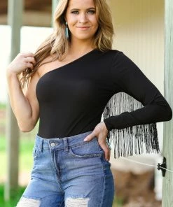 Fashion In The Box Tops Black One Shoulder Bodysuit With Fringe