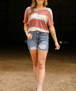 Melon Rust And Teal Stripe Ruched Back Top