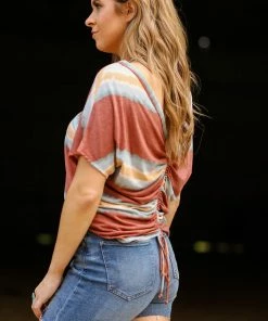 Melon Rust And Teal Stripe Ruched Back Top