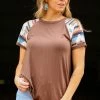 Avery Apparel SHORT SLEEVES Brown Aztec Print Sleeve Top