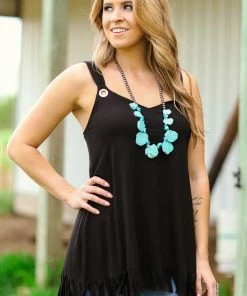 Blumin Apparel TANK TOPS Black Fringed Hem Tank With Strap Detail