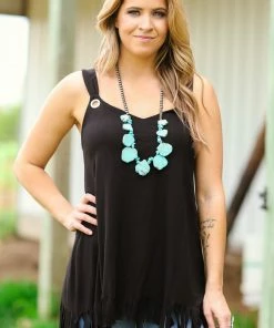 Blumin Apparel TANK TOPS Black Fringed Hem Tank With Strap Detail