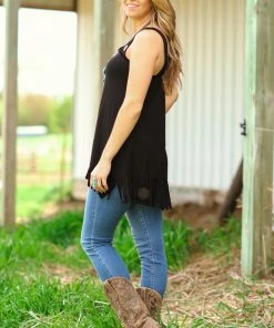 Blumin Apparel TANK TOPS Black Fringed Hem Tank With Strap Detail