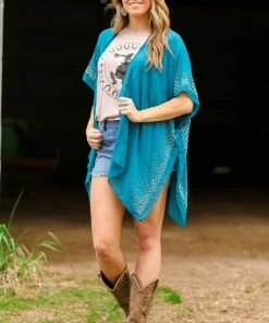 Just Jamie Teal Kimono With Rhinestone Trim CARDIGANS