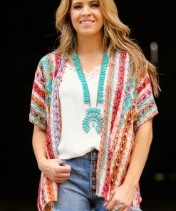 Andree By Unit SHORT SLEEVES Cinnamon Multicolor Aztec Print Kimono