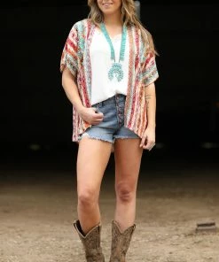 Andree By Unit SHORT SLEEVES Cinnamon Multicolor Aztec Print Kimono