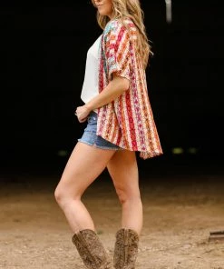 Andree By Unit SHORT SLEEVES Cinnamon Multicolor Aztec Print Kimono